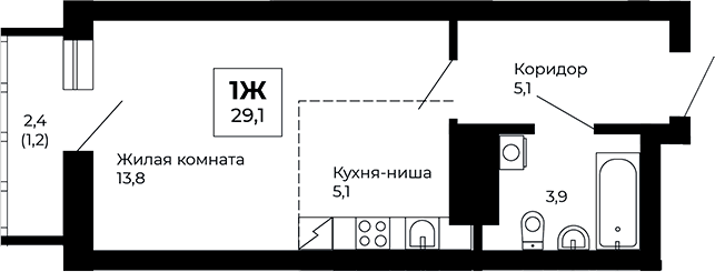 Планировка Студия, 29,1 м² в ЖК Веер парк