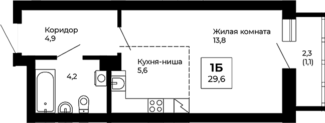 Планировка Студия, 29,6 м² в ЖК Веер парк
