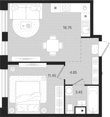 Планировка 1-к.кв, 38,51 м² в ЖК Вэйвер