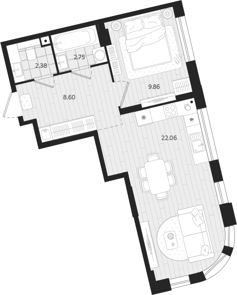 Планировка 1-к.кв, 45,65 м² в ЖК Вэйвер