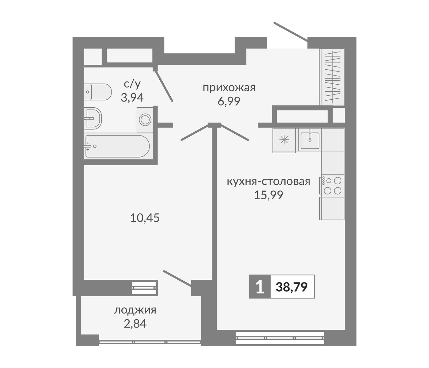 Планировка 1-к.кв, 38.79 м² в ЖК Видный