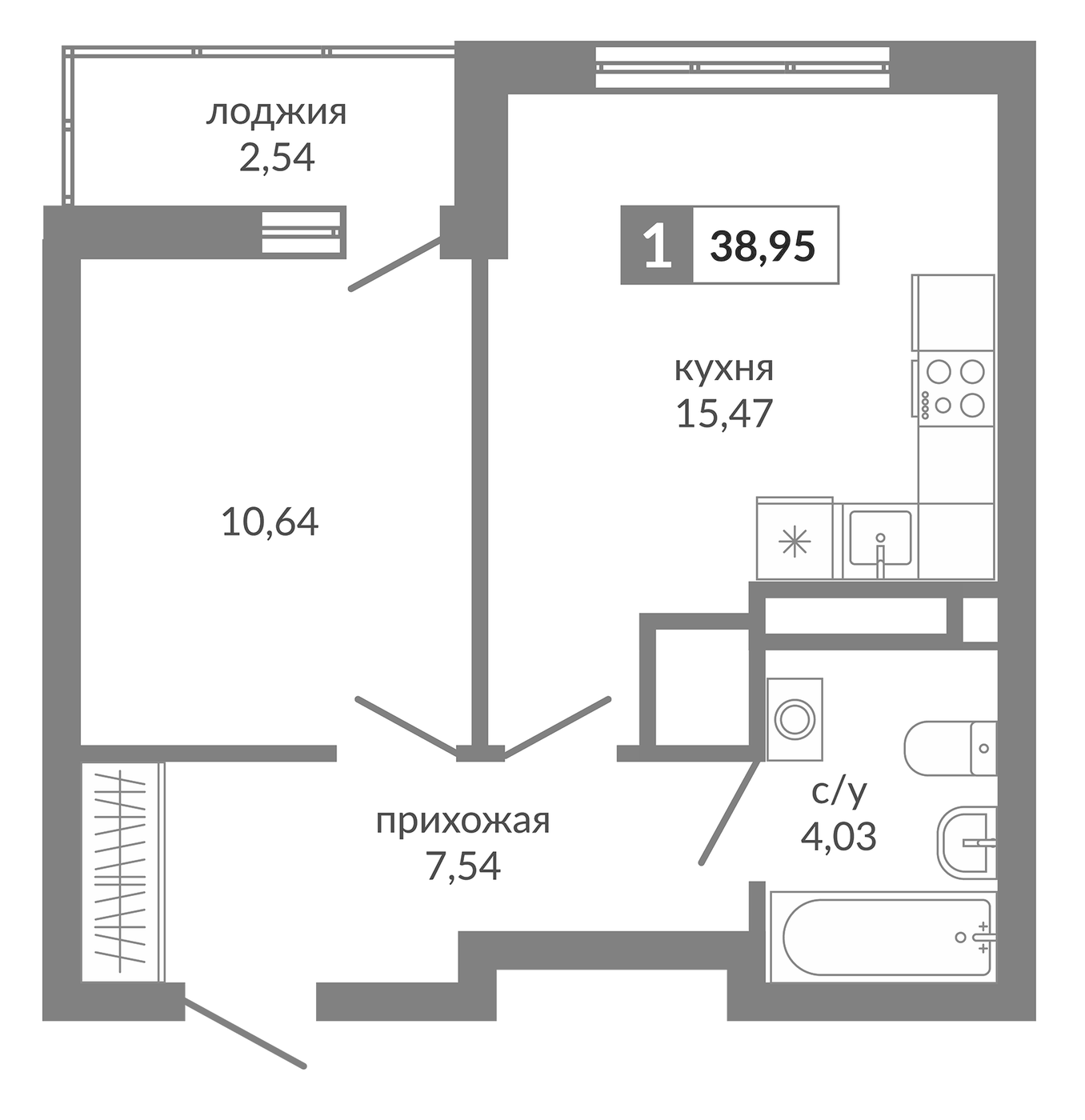 Планировка 1-к.кв, 38.95 м² в ЖК Видный