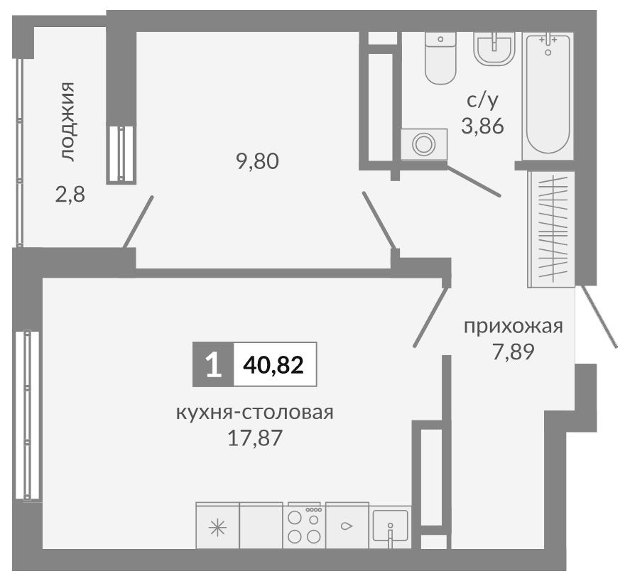 Планировка 1-к.кв, 40.82 м² в ЖК Видный