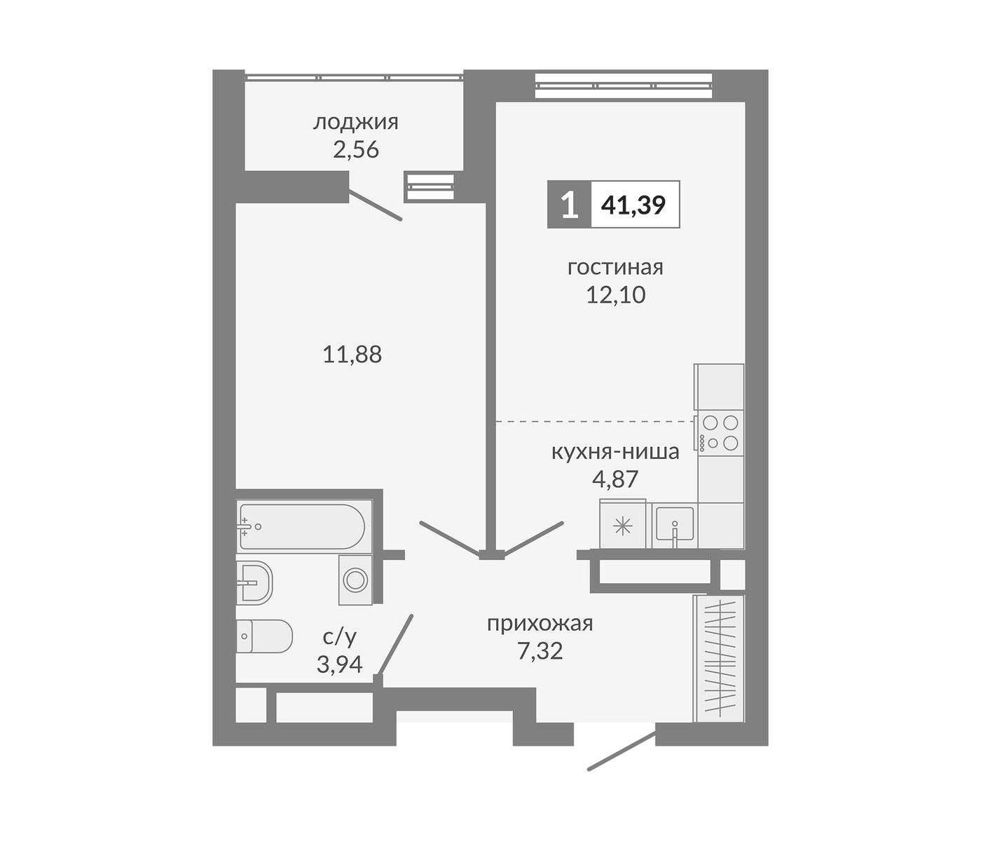 Планировка 1-к.кв, 41.39 м² в ЖК Видный