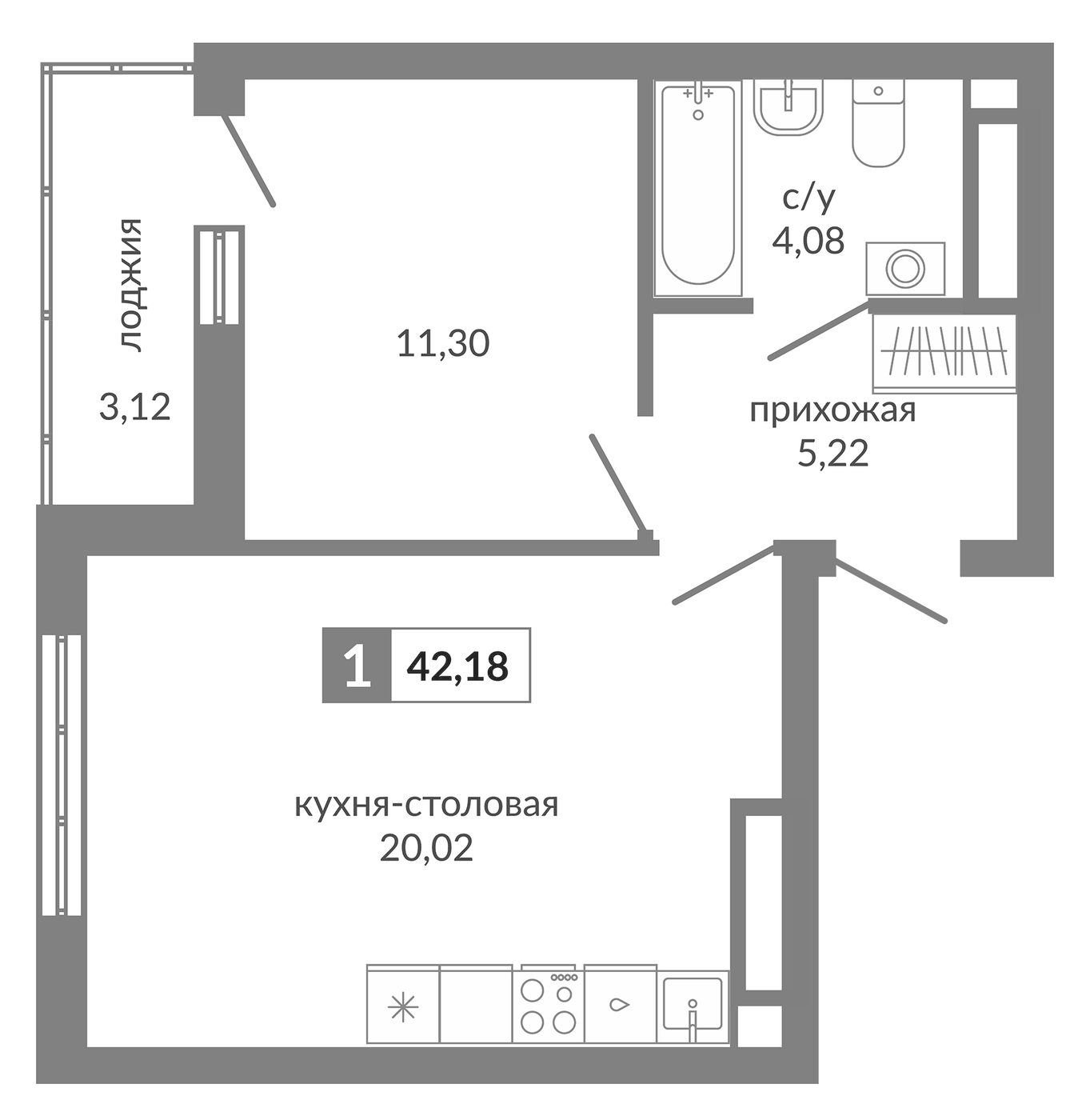 Планировка 1-к.кв, 42.18 м² в ЖК Видный