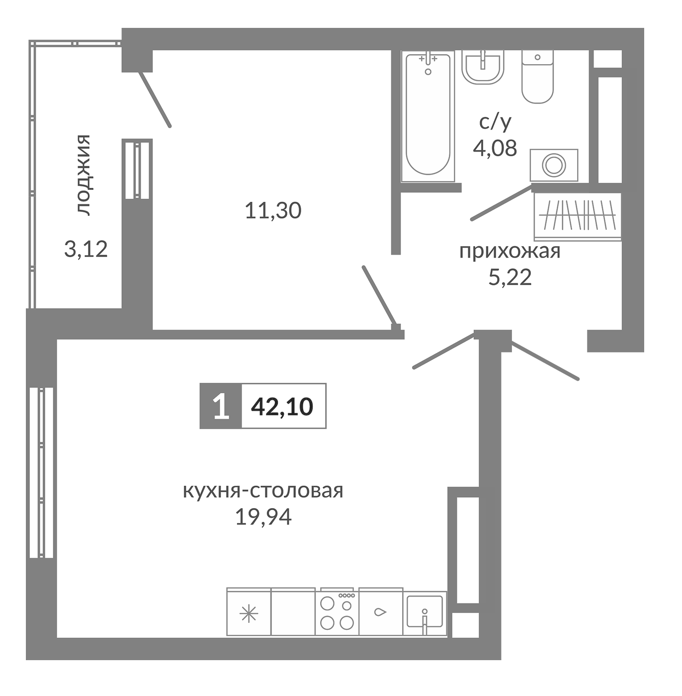 Планировка 1-к.кв, 42.1 м² в ЖК Видный