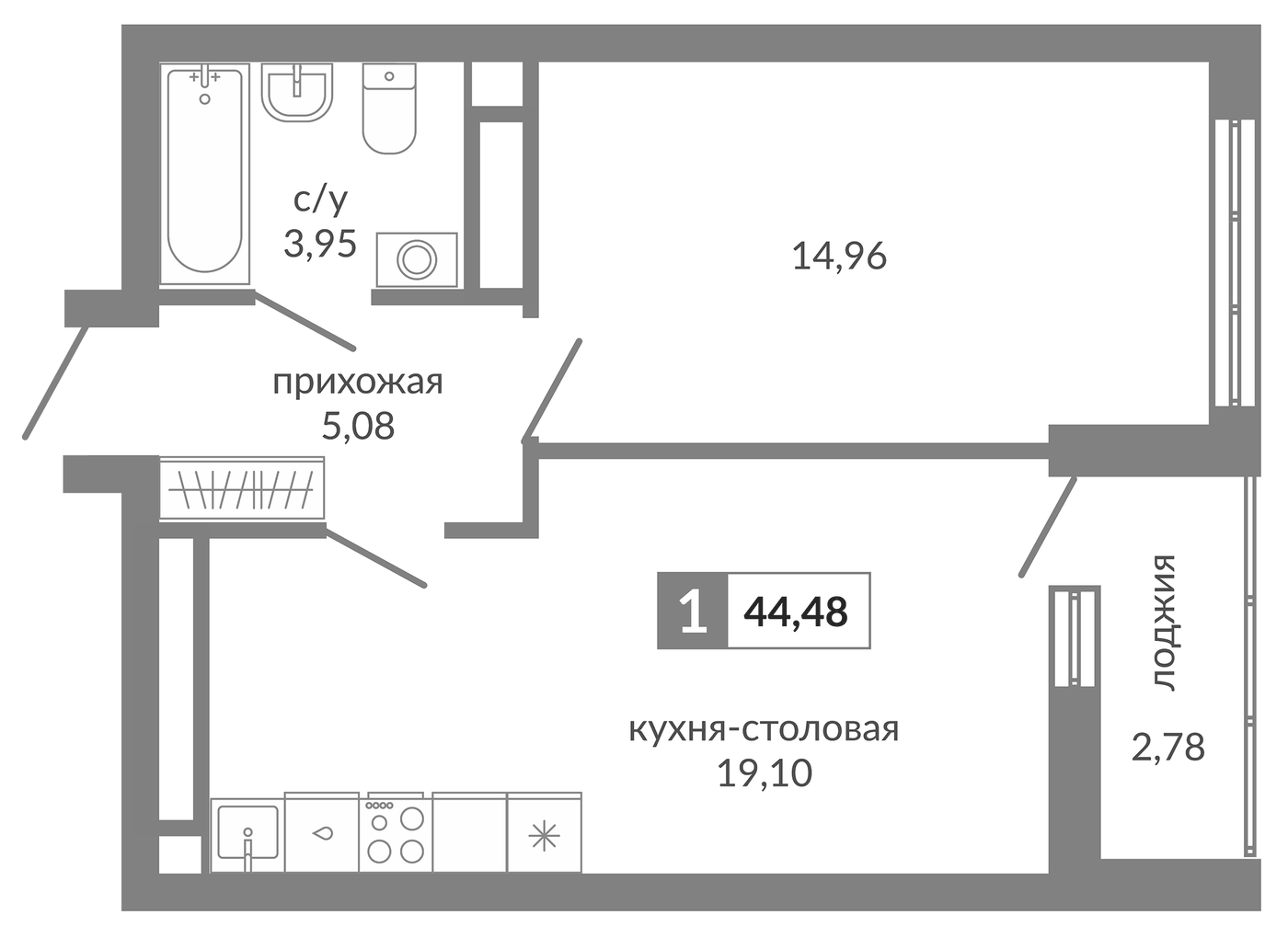 Планировка 1-к.кв, 44.48 м² в ЖК Видный