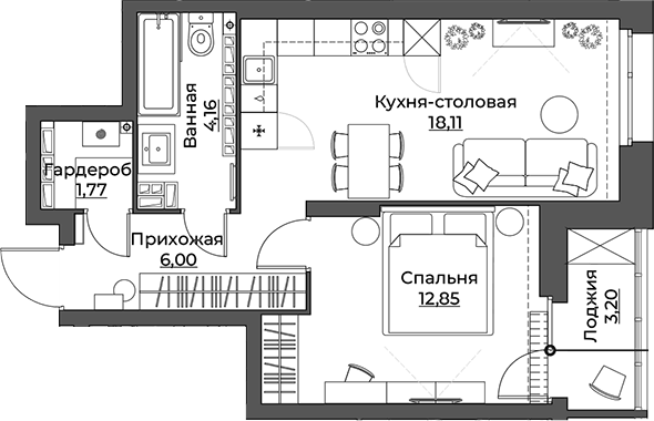 Планировка 1-к.кв, 46,09 м² в ЖК Викулов