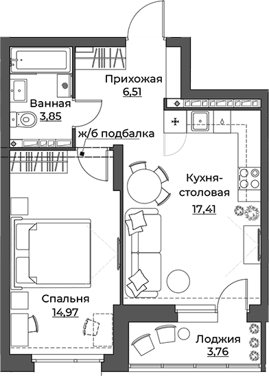 Планировка 1-к.кв, 46,5 м² в ЖК Викулов