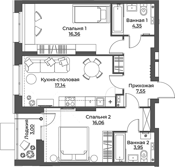 Планировка 2-к.кв, 68,41 м² в ЖК Викулов