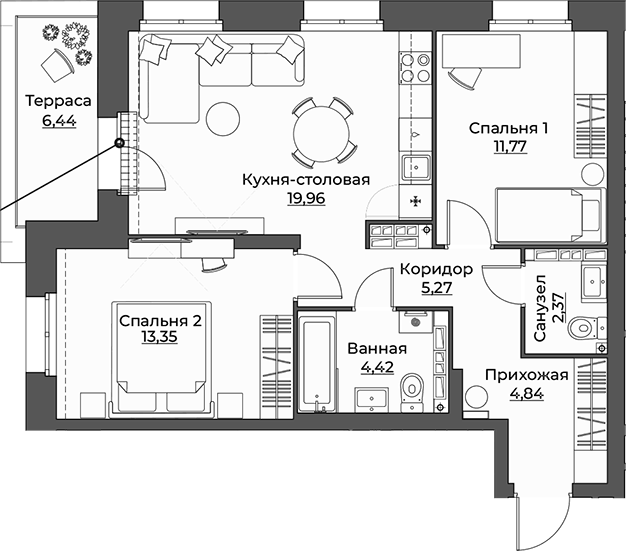 Планировка 2-к.кв, 68,42 м² в ЖК Викулов