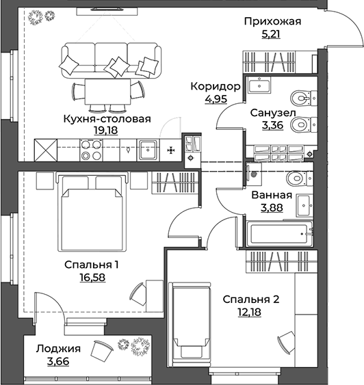 Планировка 2-к.кв, 69 м² в ЖК Викулов