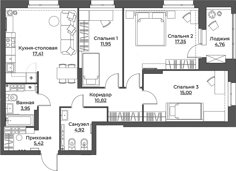 Планировка 3-к.кв, 91,58 м² в ЖК Викулов