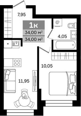 Планировка 1-к, 34 м² в ЖК Витамин-квартал на Титова