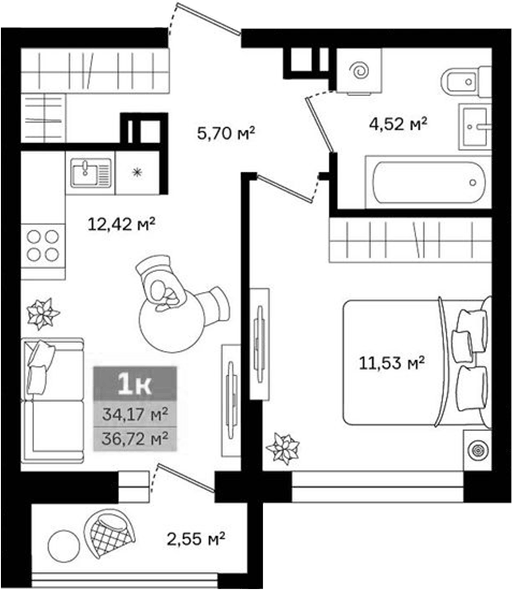Планировка 1-к.кв, 36,72 м² в ЖК Витамин-квартал на Титова