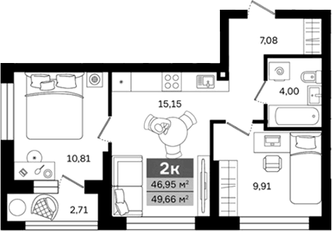 Планировка 2-к, 49,66 м² в ЖК Витамин-квартал на Титова
