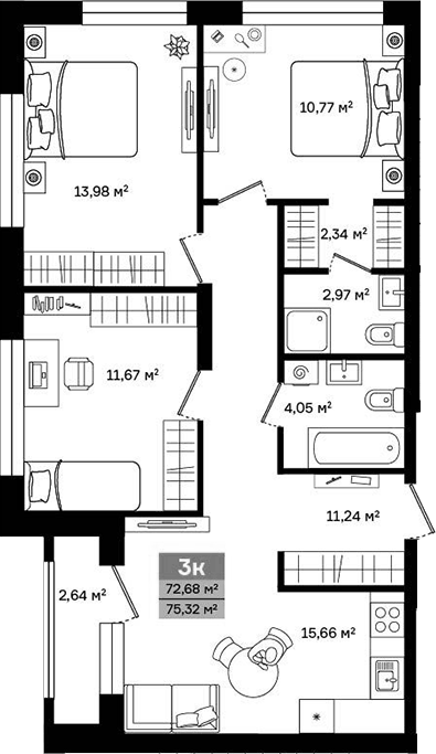 Планировка 3-к, 75,32 м² в ЖК Витамин-квартал на Титова