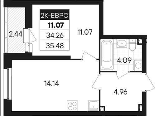 Планировка 2Е-к.кв, 35,48 м² в ЖК Янтарная долина