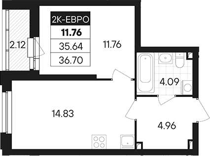 Планировка 2Е-к.кв, 36,7 м² в ЖК Янтарная долина