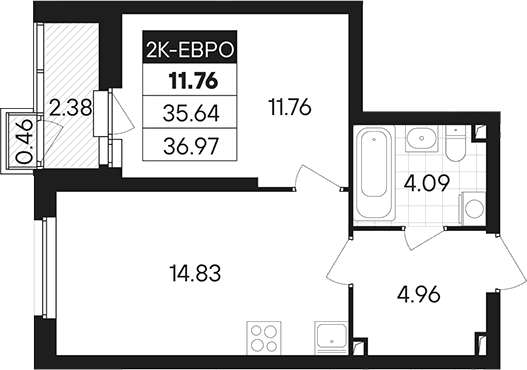 Планировка 2Е-к.кв, 36,97 м² в ЖК Янтарная долина