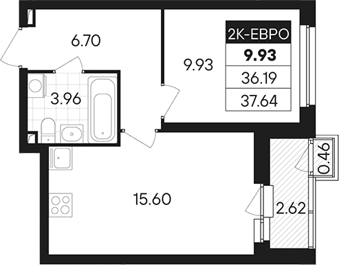 Планировка 2Е-к.кв, 37,64 м² в ЖК Янтарная долина