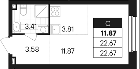 Планировка Студия, 22,67 м² в ЖК Янтарная долина
