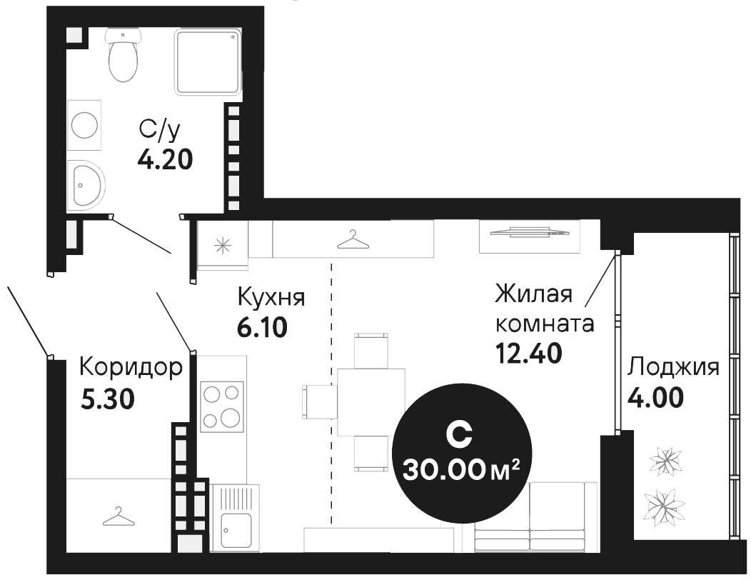 Планировка Студия, 30,2 м² в ЖК Янтарная долина