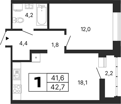Планировка 2Е-к.кв, 42,72 м² в ЖК Южные кварталы