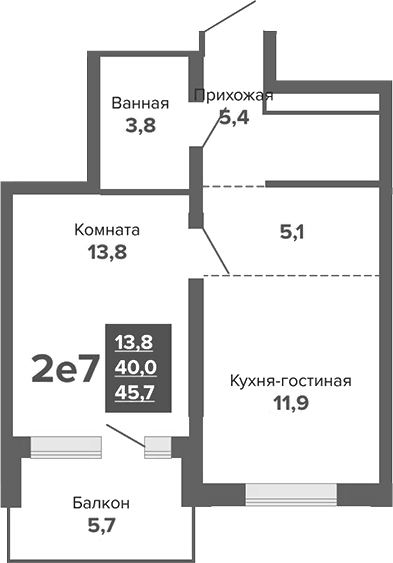 Планировка 2Е-к.кв, 45,7 м² в ЖК Южные кварталы