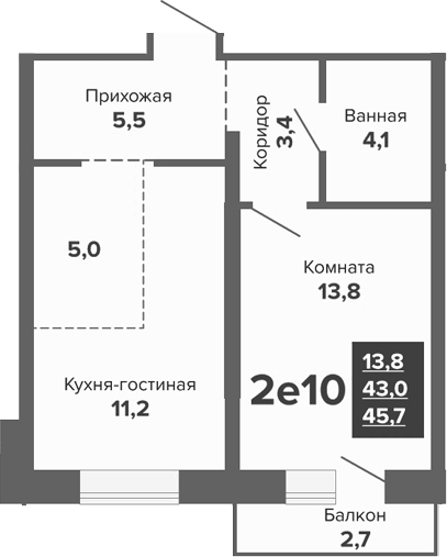 Планировка 2Е-к.кв, 45,8 м² в ЖК Южные кварталы