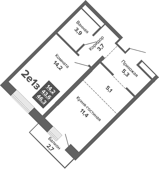 Планировка 2Е-к.кв, 46,3 м² в ЖК Южные кварталы