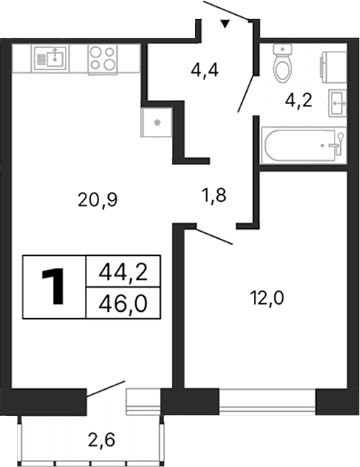 Планировка 2Е-к.кв, 46 м² в ЖК Южные кварталы