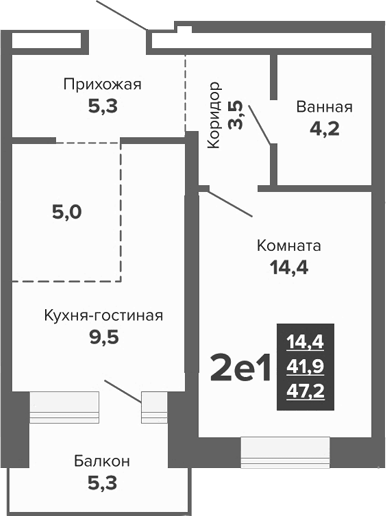 Планировка 2Е-к.кв, 47,3 м² в ЖК Южные кварталы
