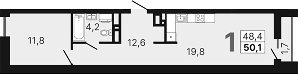 Планировка 2Е-к.кв, 50 м² в ЖК Южные кварталы