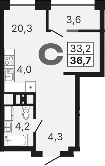 Планировка Студия, 36,79 м² в ЖК Южные кварталы