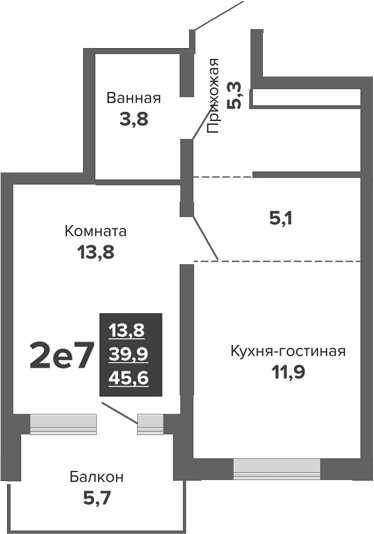 Планировка 2Е-к.кв, 45,7 м² в ЖК Южные кварталы