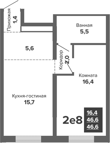Планировка 2Е-к.кв, 46,7 м² в ЖК Южные кварталы