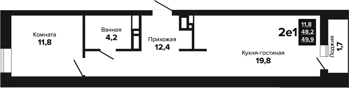 Планировка 2Е-к.кв, 49,9 м² в ЖК Южные кварталы