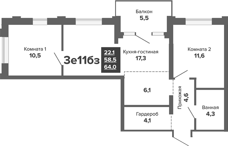 Планировка 3Е-к.кв, 64 м² в ЖК Южные кварталы