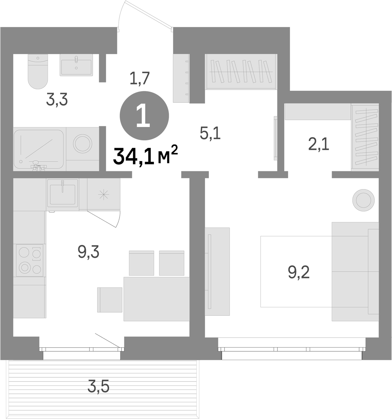 Планировка 2Е-к.кв, 34.1 м² в ЖК Южные кварталы