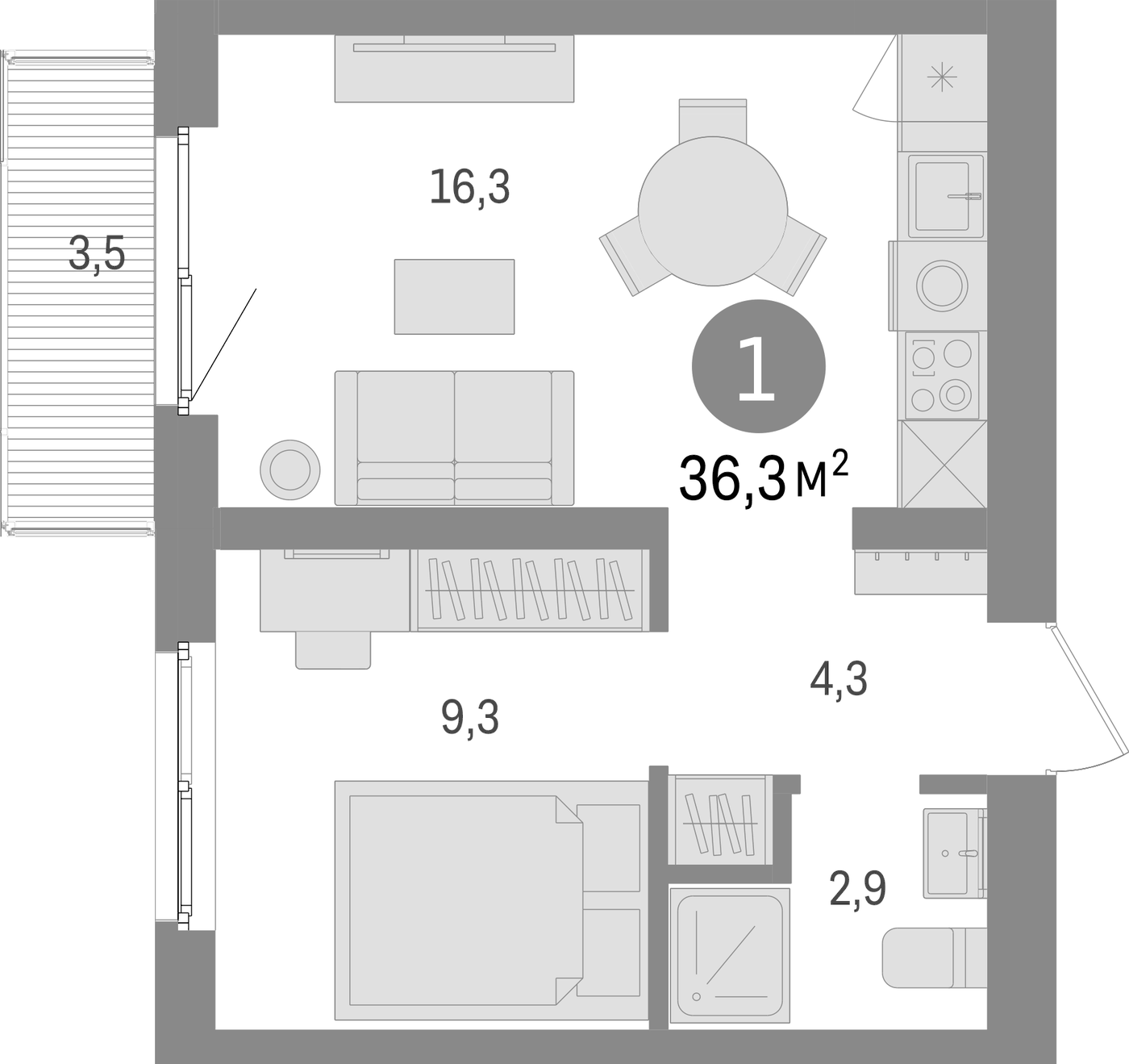 Планировка 2Е-к.кв, 36.3 м² в ЖК Южные кварталы