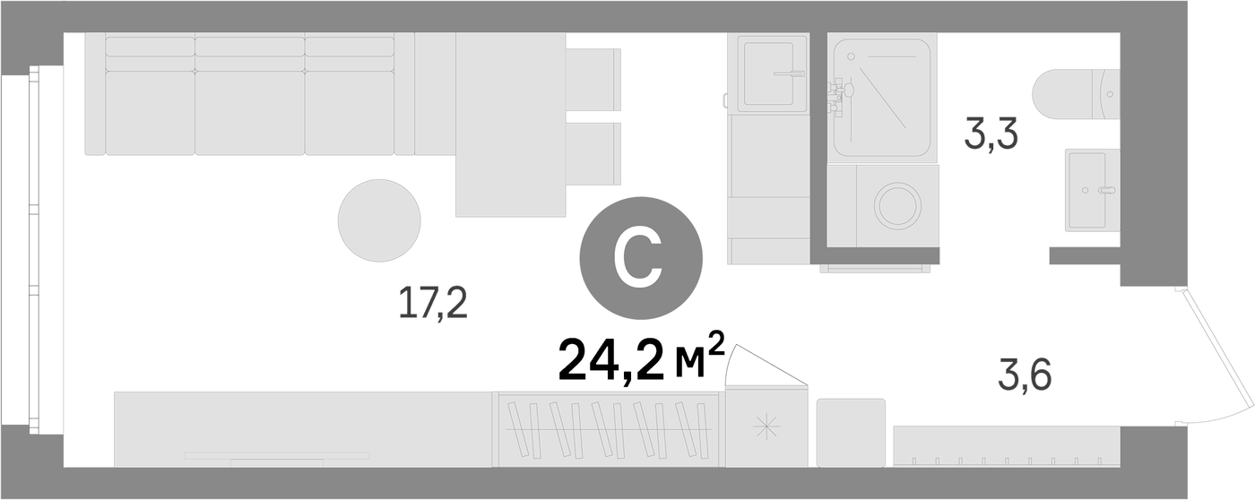 Планировка Студия, 24.2 м² в ЖК Южные кварталы