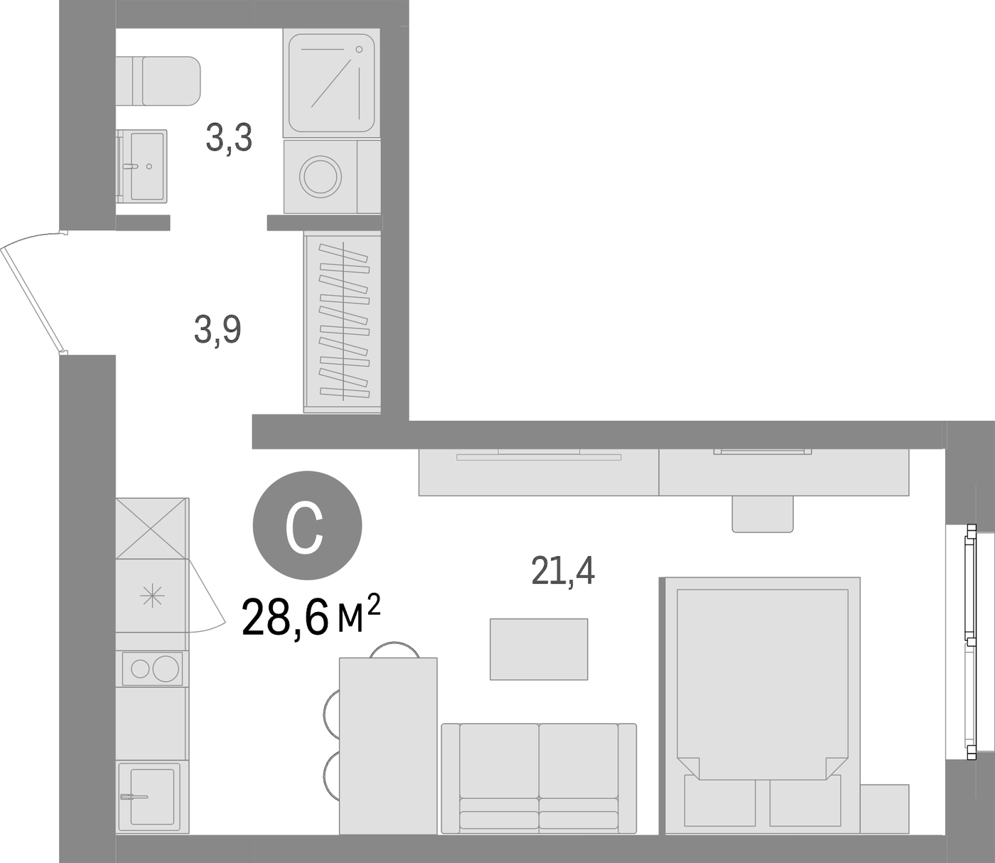 Планировка Студия, 28.6 м² в ЖК Южные кварталы