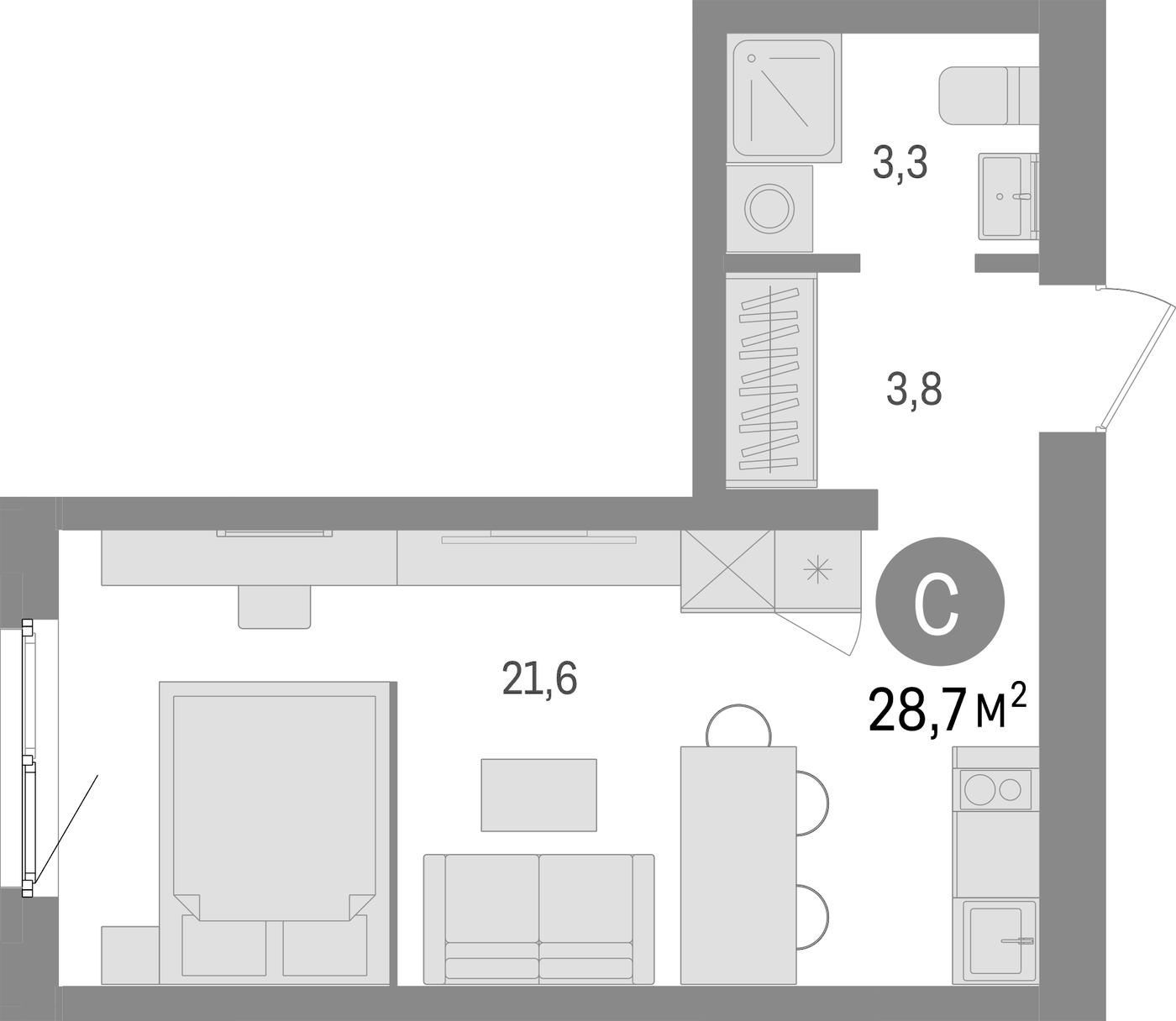 Планировка Студия, 28.7 м² в ЖК Южные кварталы