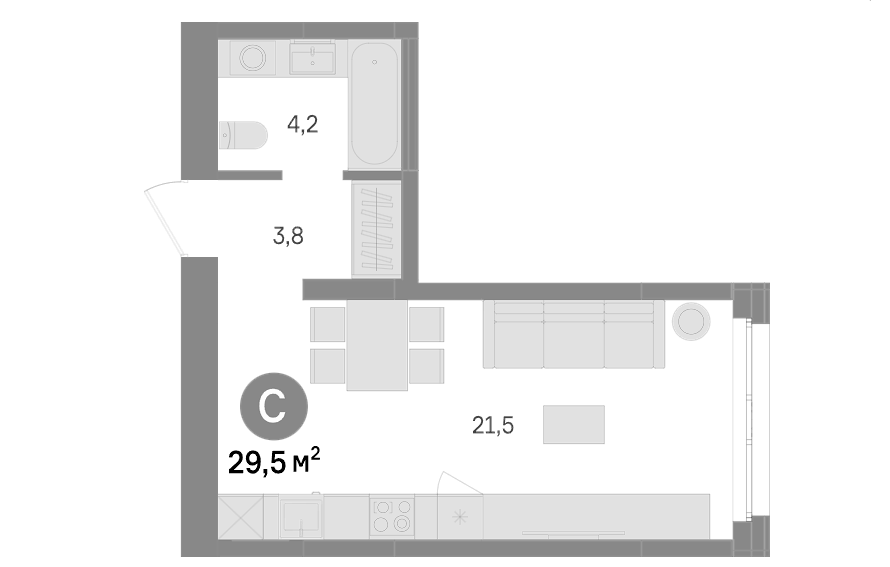 Планировка Студия, 29.5 м² в ЖК Южные кварталы