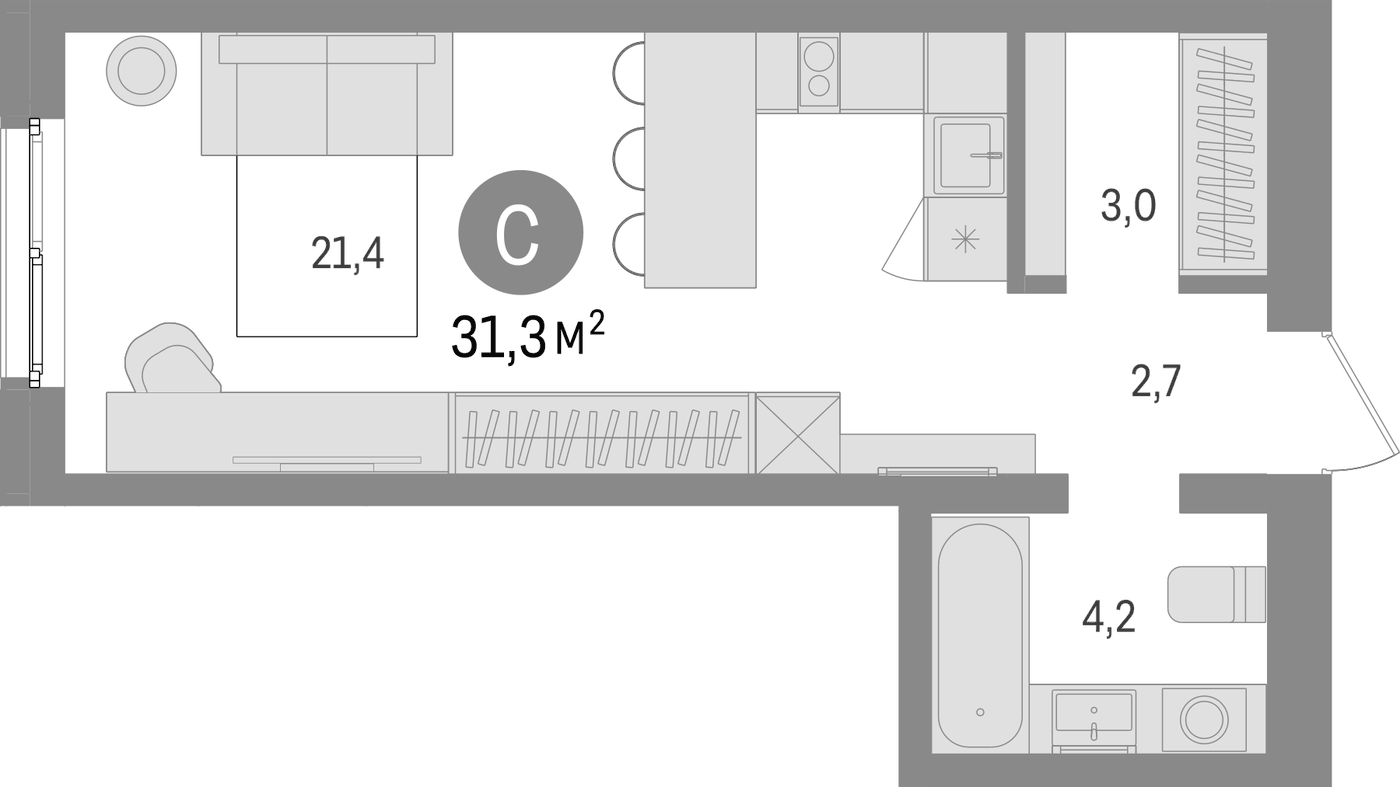 Планировка Студия, 31.3 м² в ЖК Южные кварталы