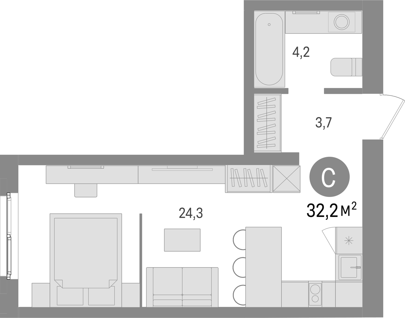 Планировка Студия, 32.2 м² в ЖК Южные кварталы