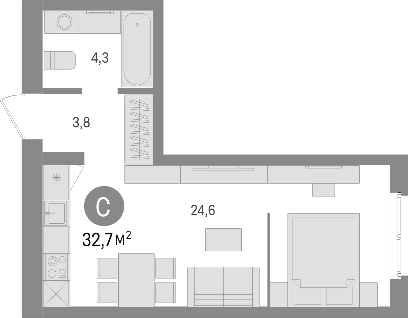 Планировка Студия, 32.7 м² в ЖК Южные кварталы
