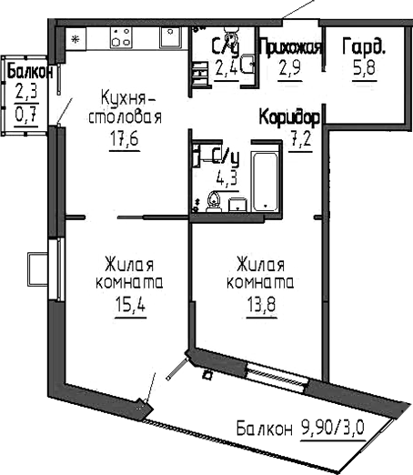 Планировка 2-к.кв, 73,1 м² в ЖК Зелёная горка