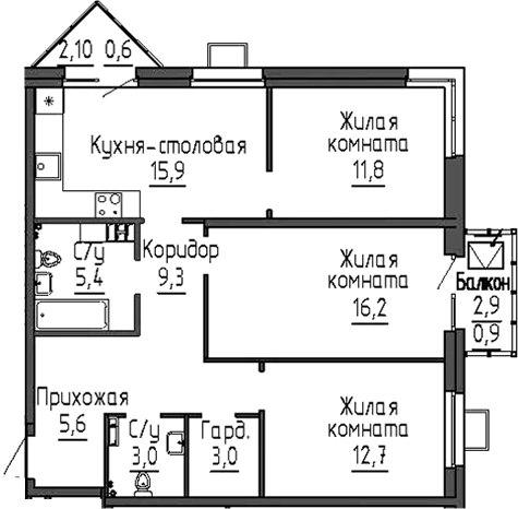 Планировка 3-к.кв, 84,4 м² в ЖК Зелёная горка